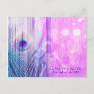 Cartão Postal De Anúncio Pavock Feather Pink & Blue Boho Salvar Data