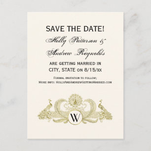 Cartão Postal De Anúncio Pavões Vintage Monograma Dourado Falso Marfim BG