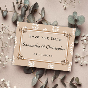 Cartão Postal De Anúncio Peach Casamento tema damasco Salvar a Data