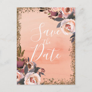 Cartão Postal De Anúncio Peach & Dourado Glitter Floral Moderno Salve a Dat