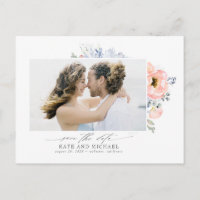 Peach Flores Azul empoeirado Salvar a Foto da Data