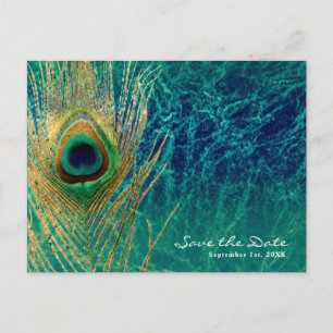 Cartão Postal De Anúncio Peacock Feather Blue Teal Glam Salvar Data