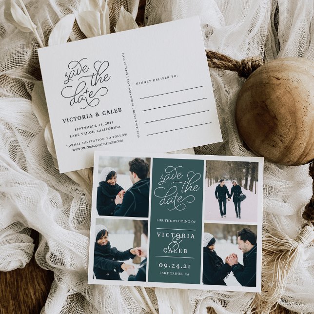 Cartão Postal De Anúncio Pedido Romântico | Colagem de Fotos Salvar a Data (Criador carregado)