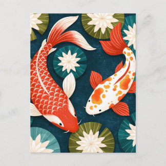 Cartão Postal De Anúncio Peixes Koi Japoneses Jardim Zen de Flores de Lótus