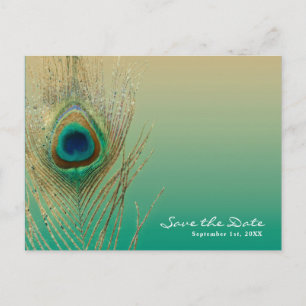 Cartão Postal De Anúncio Pena de Pavão Areia e Azul Boho Salve a Data