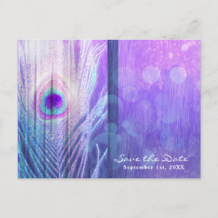 Cartão Postal De Anúncio Pena de Pavão Roxo Glam Boho Salve a Data