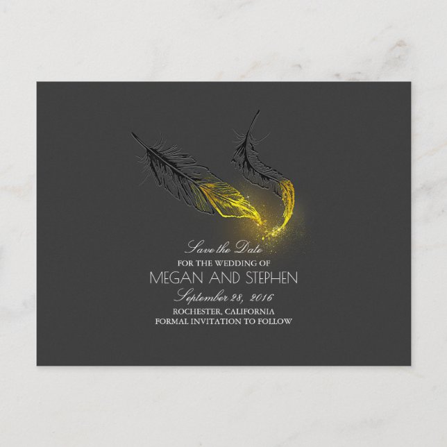 Cartão Postal De Anúncio Penas com Dourado Chic Preto Save the Date (Frente)