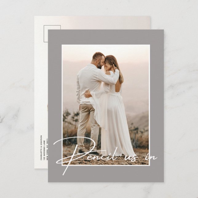 Cartão Postal De Anúncio Pencil Us In Save The Date Foto Casamento (Frente/Verso)