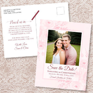 Cartão Postal De Anúncio Peônias Cor-de-Rosa e Foto de Casamento Salve a Da