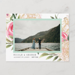 Cartão Postal De Anúncio Pêonias flores douradas Foto WEDDING SALVAR A DATA