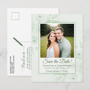 Cartão Postal De Anúncio Peônias Verde Salvia & Foto de Casamento Save the