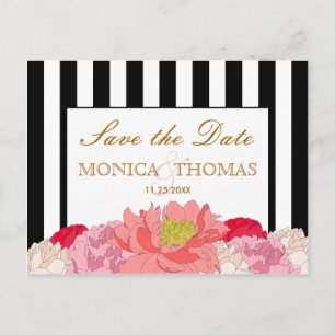 Cartão Postal De Anúncio Peonies e Stripes Salvem o Cartão-Postal de Data
