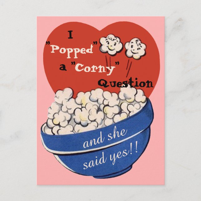 Cartão Postal De Anúncio Pergunta Corny de Pipoca, Fofo Retro Salve a Data (Frente)