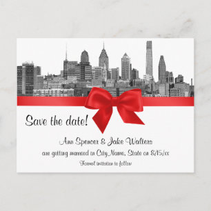 Cartão Postal De Anúncio Philadelphia Skyline Etch BW Vermelho Save the Dat