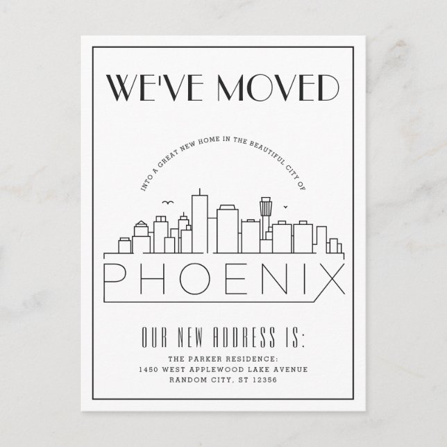 Cartão Postal De Anúncio Phoenix, Arizona Moderno Deco | Mudança de Endereç (Frente)