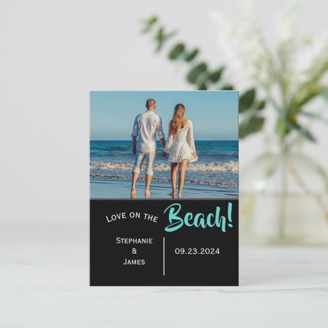 Cartão Postal De Anúncio Photo Beach Wedding Save the Date (Em pé/Frente)