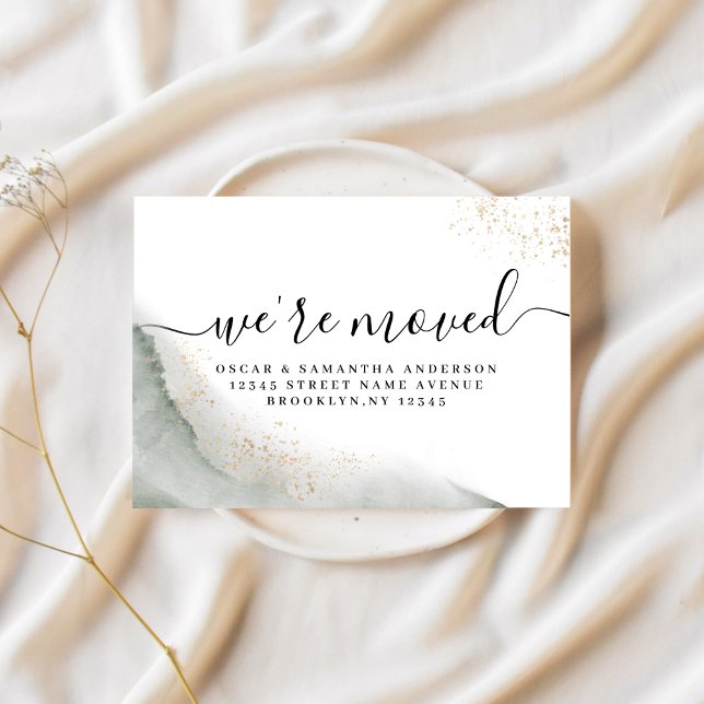 Cartão Postal De Anúncio Pinceladas de Aquarela Abstrata Verde & Dourado (Criador carregado)