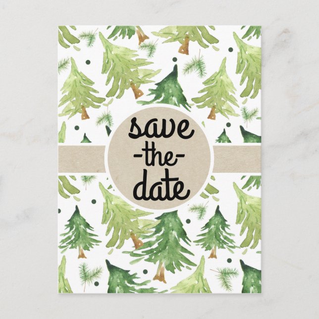 Cartão Postal De Anúncio Pineheiros em Aquarela Kraft Rústico Salve a Data (Frente)