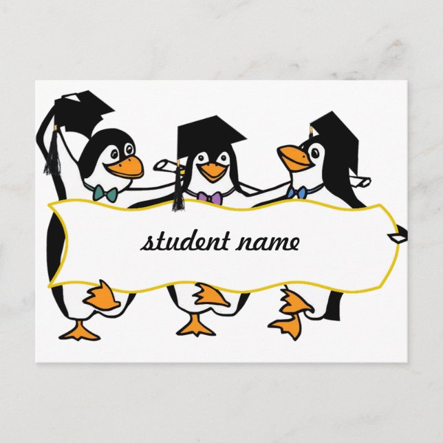 Cartão Postal De Anúncio Pinguins de Graduação de Cartoons Cutos com Banner (Frente)