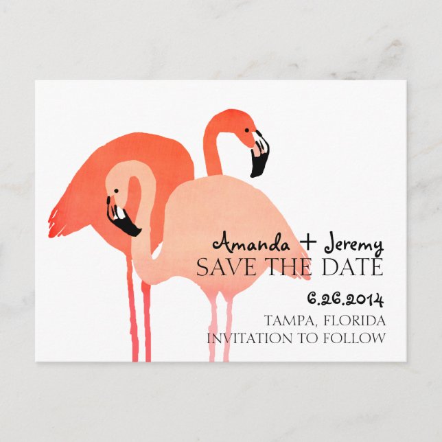 Cartão Postal De Anúncio Pinguins Rosa Save The Date da Praia (Frente)