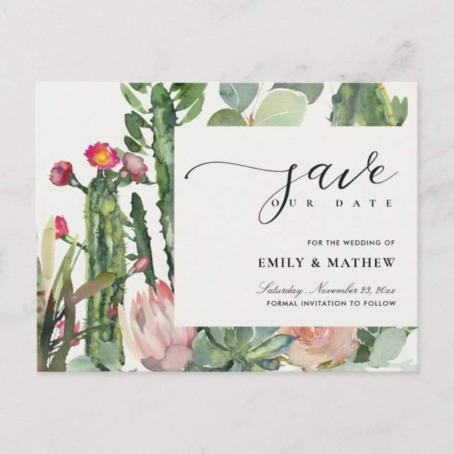 CARTÃO POSTAL DE ANÚNCIO PINK FLORAL DESERTO FOLIAGE SALVAR DATA (Frente)