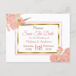 Cartão Postal De Anúncio PInk Vintage Bird  Casamento Floral Save the Date