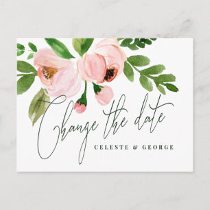 Cartão Postal De Anúncio Pink watercolor floral muda a data do casamento