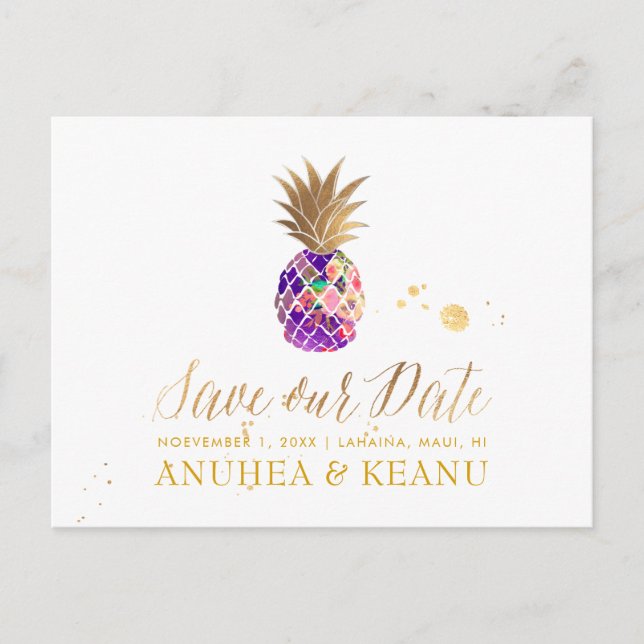 Cartão Postal De Anúncio PixDezines Aloha Abacaxi/Púrpura/Salvar Data (Frente)