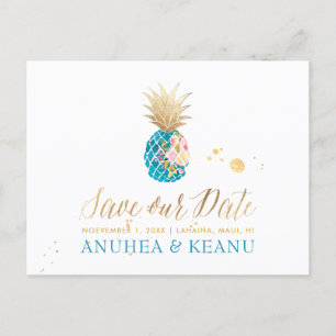 Cartão Postal De Anúncio PixDezines Aloha Pineapple/Teal/Save the Date