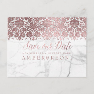 Cartão Postal De Anúncio PixDezines Faux Rosa Dourado/Lace+Marble/Save Date
