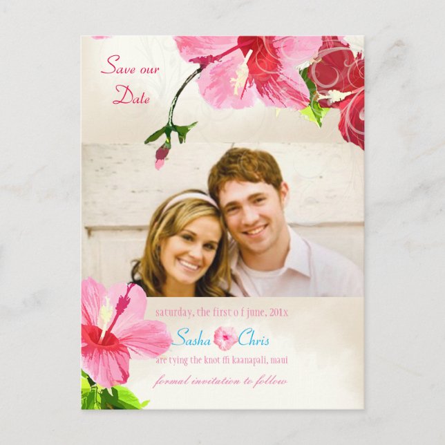 Cartão Postal De Anúncio PixDezines hibisco rosa/vermelho/save the date (Frente)