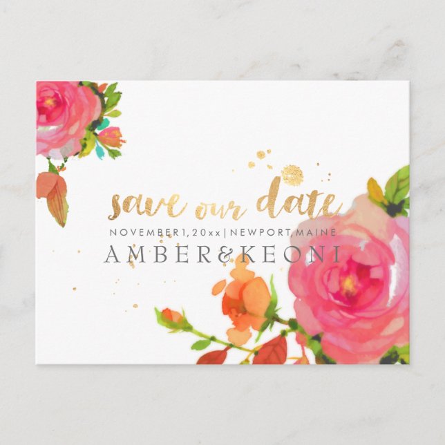 Cartão Postal De Anúncio PixDezines Rosas Aquarela/save the date (Frente)
