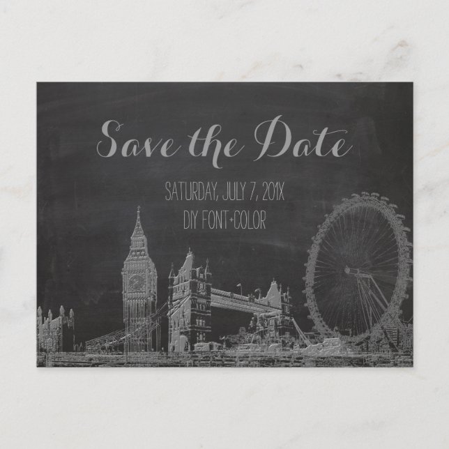 Cartão Postal De Anúncio PixDezines/save date/chalkboard/london esboçado (Frente)