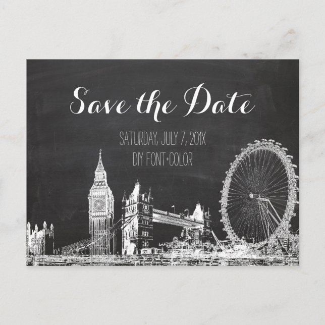 Cartão Postal De Anúncio PixDezines/save date/chalkboard/london esboçado (Frente)