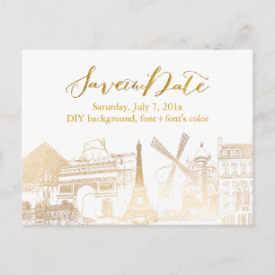 Cartão Postal De Anúncio PixDezines/Save Date/Faux Dourado/Paris esboçado