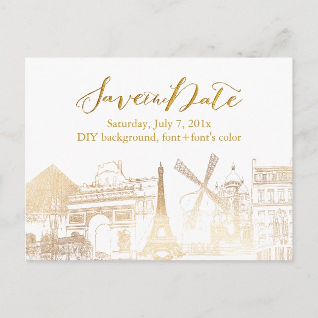 Cartão Postal De Anúncio PixDezines/Save Date/Faux Dourado/Paris Escrito (Frente)