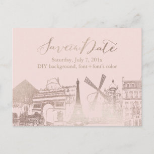Cartão Postal De Anúncio PixDezines/Save Date/Faux Pink Dourado/Paris esboç
