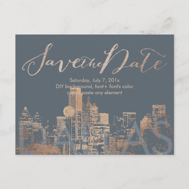Cartão Postal De Anúncio PixDezines/Save Date/Pink Gold/Dallas Skyline (Frente)