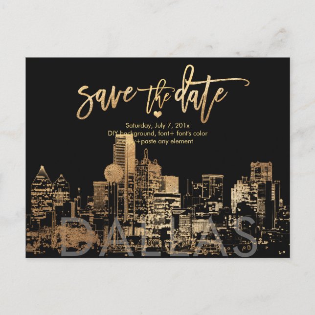 Cartão Postal De Anúncio PixDezines/Save the Date Dallas Skyline/Faux Gold (Frente)