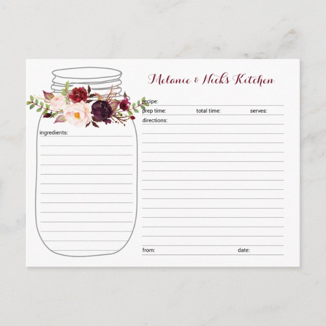 Cartão Postal De Anúncio Placas de Receita de Mason Jar Floral (Frente)