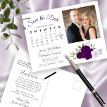 Cartão Postal De Anúncio Plum Purple Rosa Foto e Calendário Salvar Data<br><div class="desc">Este casamento rústico Salve o cartão postal da Data apresenta um elegante design floral de aquarela com um buquê de belos rosas pintados à mão e flores em tons de roxo empoeirado, lavanda e ameixa. O lado esquerdo do cartão tem um calendário personalizável com um coração à volta da data...</div>