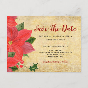 Cartão Postal De Anúncio Poinsettia Rústica Salve a Data Festa de Natal