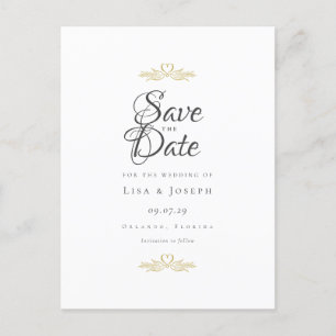 Cartão Postal De Anúncio Pombas Douradas e Coração Save the Date em Letra E