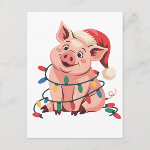 Cartão Postal De Anúncio Porco de Luzes de Natal Vestindo Chapéu de Natal -