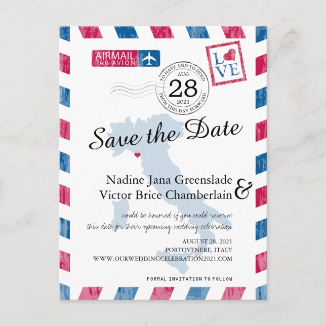 Cartão Postal De Anúncio Portovenere Itália Red Blue Airmail Salvar Data (Frente)