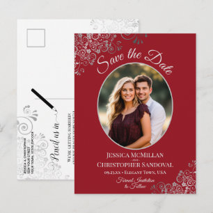 Cartão Postal De Anúncio Posh Silver & Red Casamento Save the Date Foto Ova