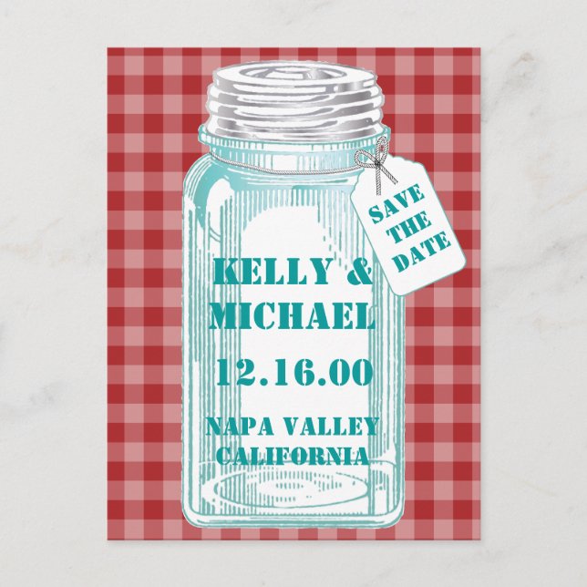 Cartão Postal De Anúncio Pote de Conserva Antigo com Desenho Xadrez Vermelh (Frente)