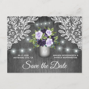 Cartão Postal De Anúncio Pote de Vidro Casamento Roxo Prata Save the Date