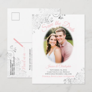 Cartão Postal De Anúncio Prata Enfeites c/ Foto Rosa Save the Date Casament