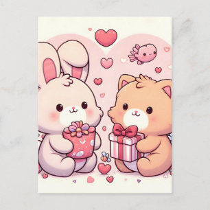 Cartão Postal De Anúncio Presente de Amor de Urso Coelho de Valentim Kawaii